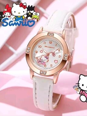 Sanrio Hello Kitty White Leather Watch 29mm Rose Gold Rhinestone Case NEW